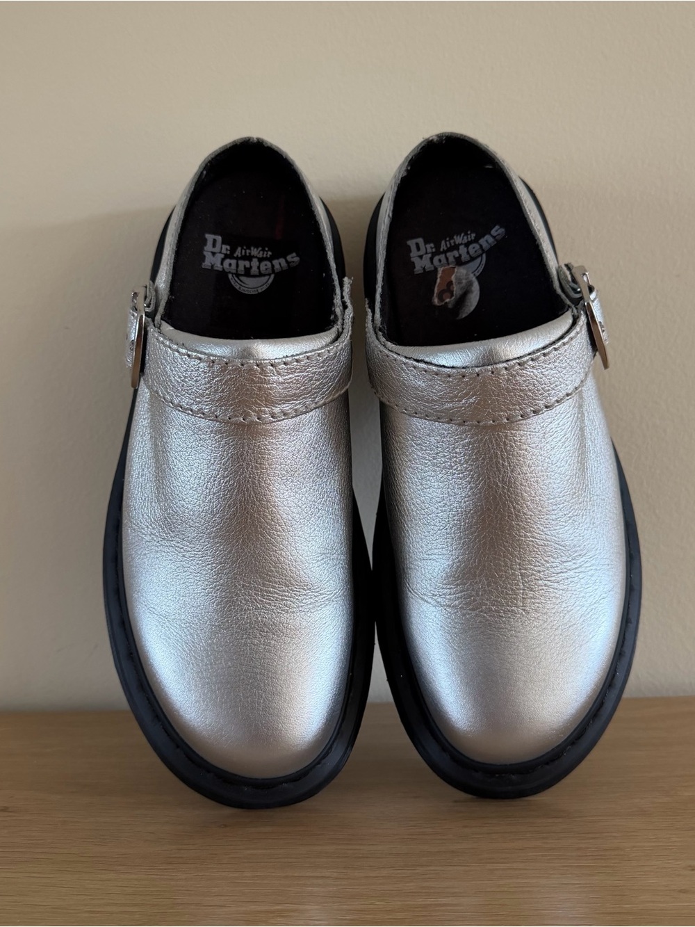 DR MARTENS Laketen silver leather sling back mules size 8
